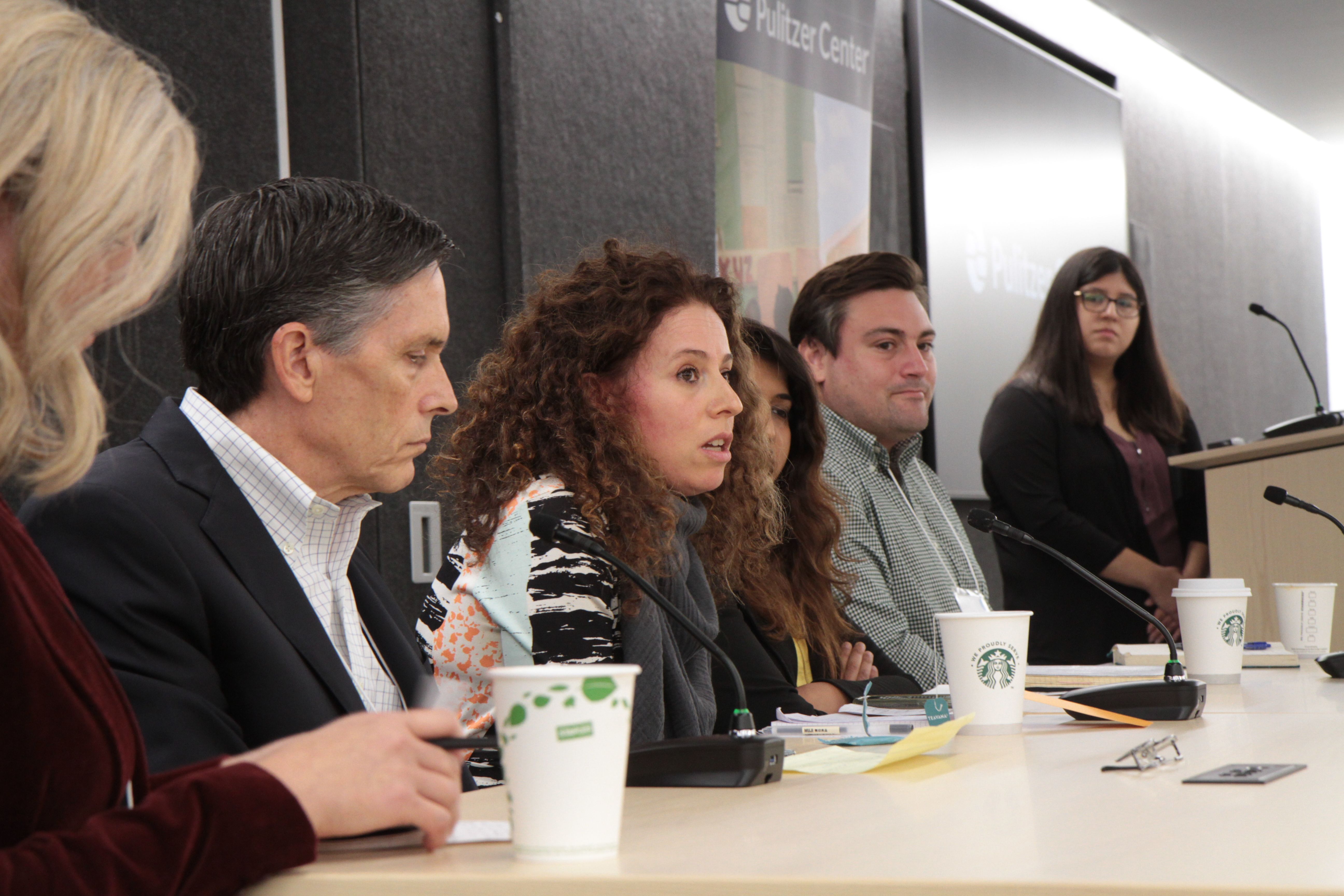 Sarah Wildman, Foreign Policy’s deputy editor for print, host of the First Person podcast, and Pulitzer Center grantee, makes a point during the discussion on pitching as other panelists listen. Image by Claire Seaton. United States, 2019.