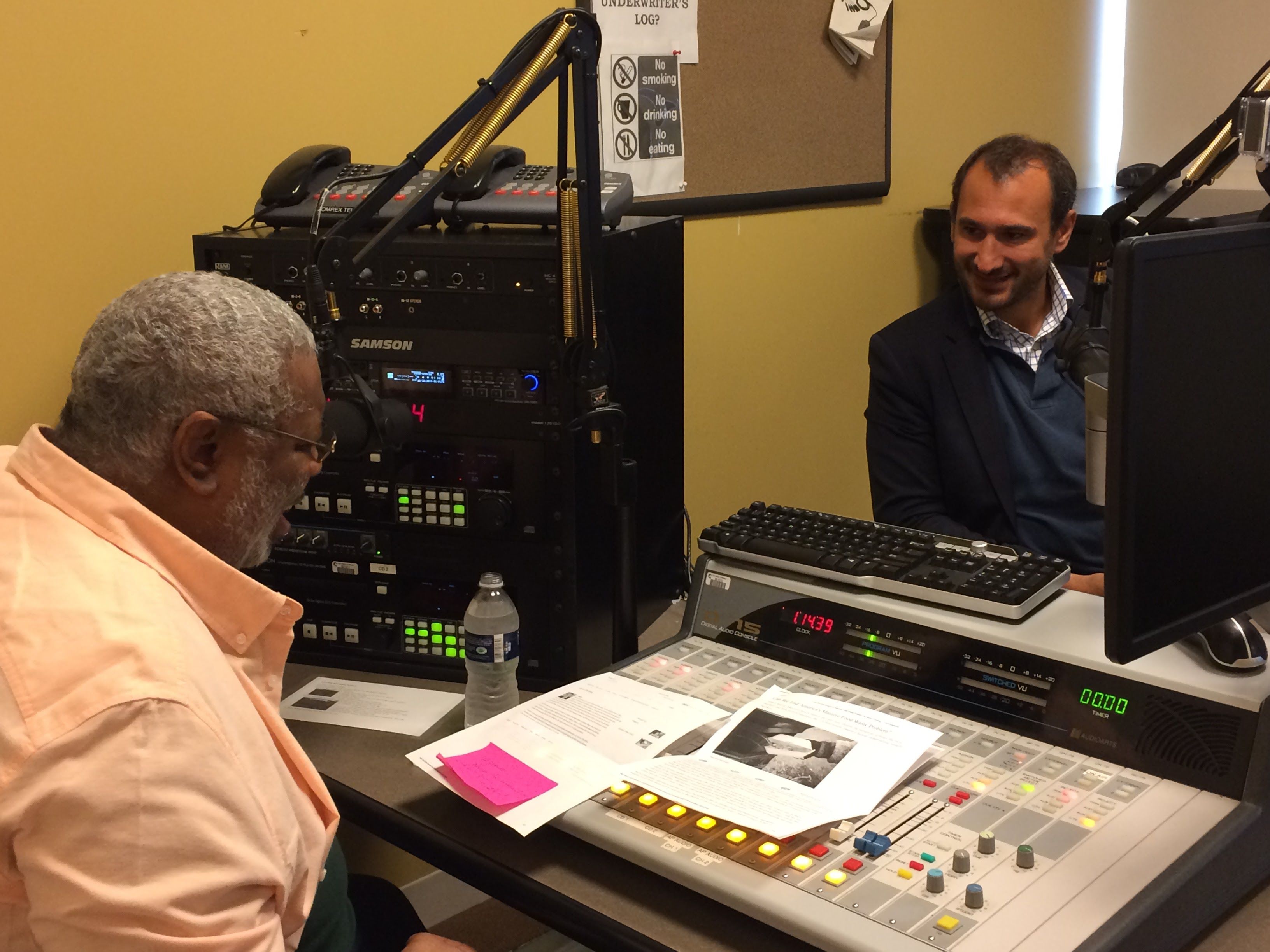 Chicago's longtime radio host, Harold Lee Rush interviews Karim Chrobog about his film on food waste in the U.S. versus South Korea. Image by Lauren Shepherd. U.S., 2016.