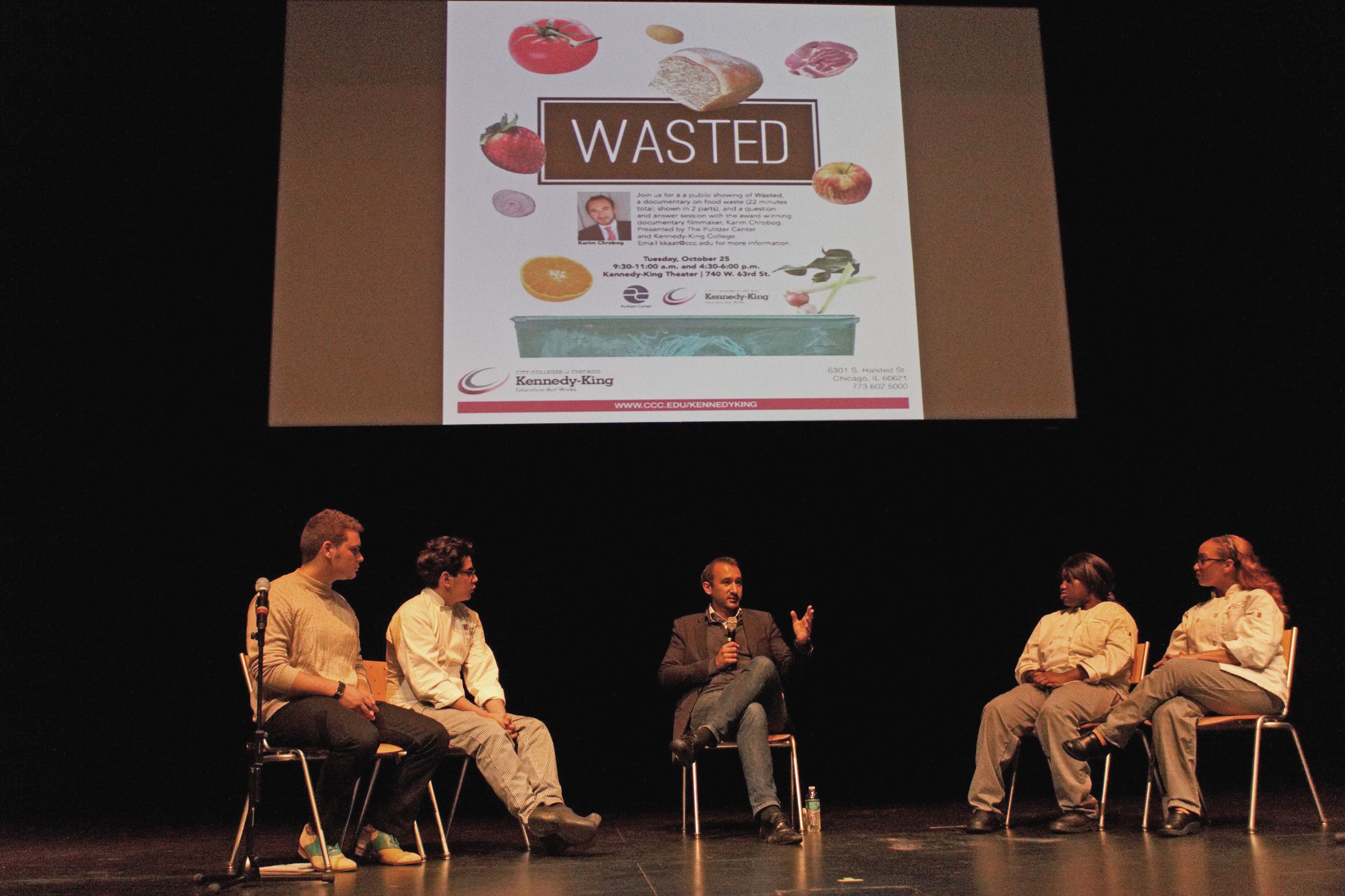 Following a screening of 'Wasted,' Karim Chrobog participates in a Q&A with Kennedy King College culinary and media students Sam Lenzini, Yared Perez, Kira Scott and Kayla Webb. Image by Lauren Shepherd. U.S., 2016.