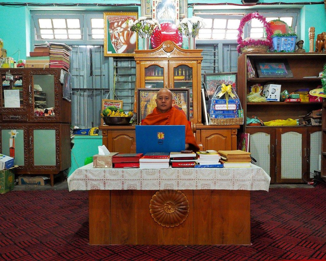 Ashin Wirathu uses Facebook, with help from other extremist monks and laypeople, to spread vitriolic anti-Muslim messages. Image by Doug Bock Clark. Myanmar, 2017. 