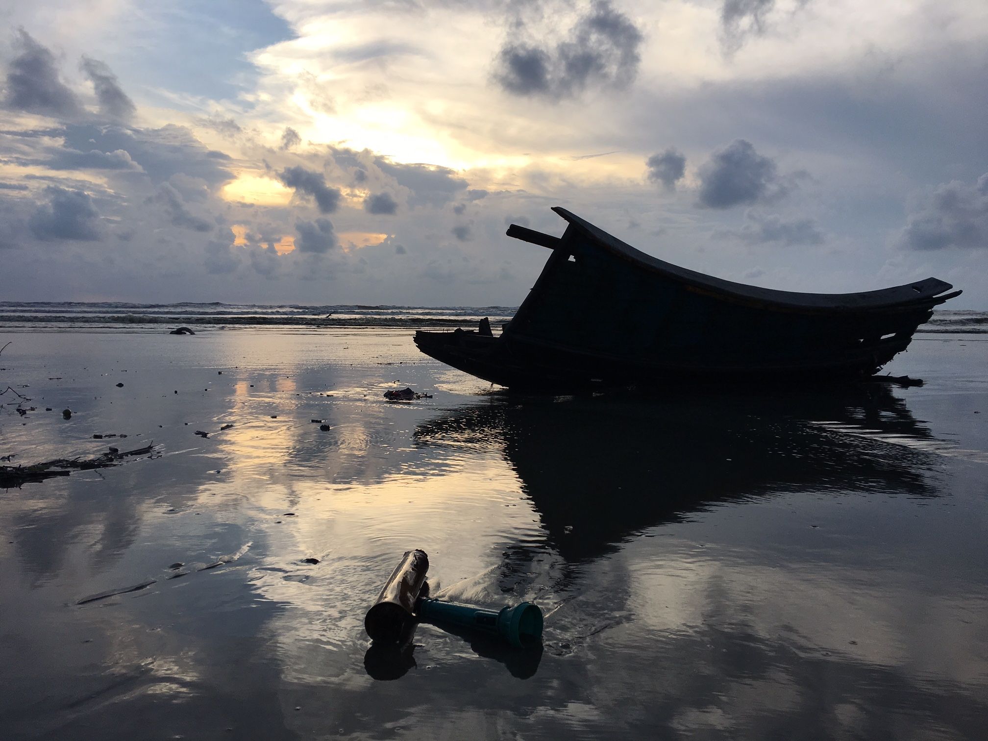 Remnants of a smuggler's boat that capsized in rough seas, drowning at least 23 Rohingya Muslim refugees. September 2017.  