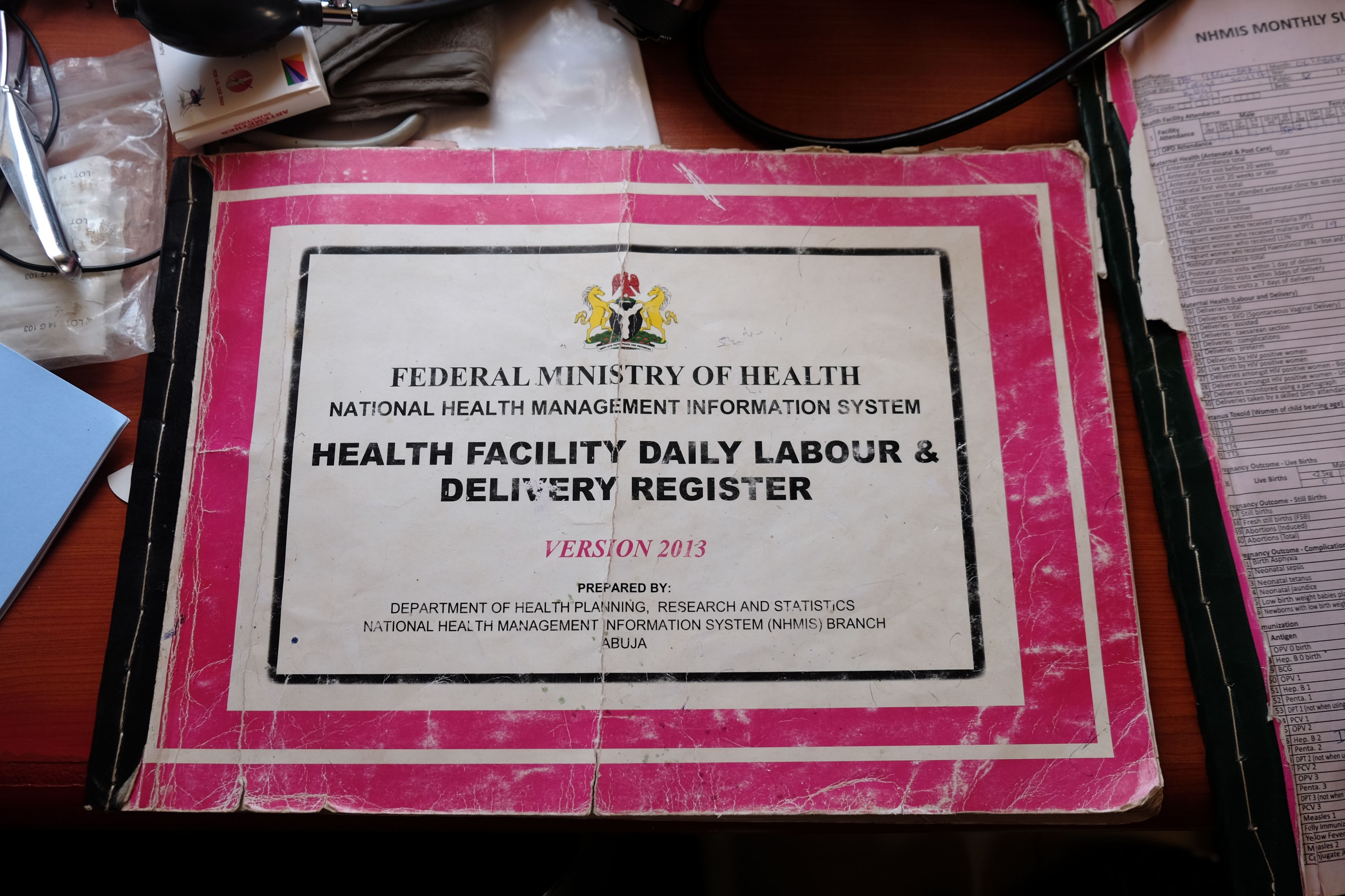 Nigeria's official Health Facility Daily Labour & Delivery Registry.  The current registry does not include a column for chlorhexidine use. Health care advocates are hoping that there will be a chlorhexidine column when the registry is next revised. Image by T.R. Goldman. Nigeria, 2017.