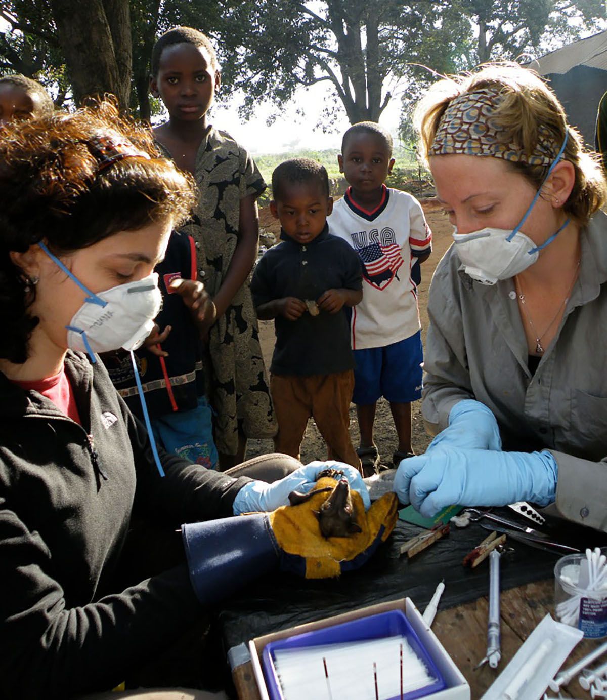 Tiziana Lembo (left) and Alison Peel take samples from bats while children watch in Morogoro, Tanzania. Image by Alexander Torrence. Tanzania.