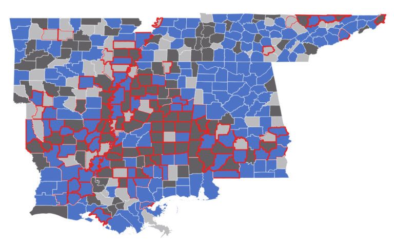 This map depicts the Deep South counties that lack ICU beds (dark gray) and hospitals (light gray). The counties outlined in red are counties that suffer from persistent poverty, many of them the same counties where the enslaved populations were the highest. Sources: 1860 Census, Hope Enterprise maps and data.  Map by Kristine de Leon / Mississippi Free Press. United States, undated.
