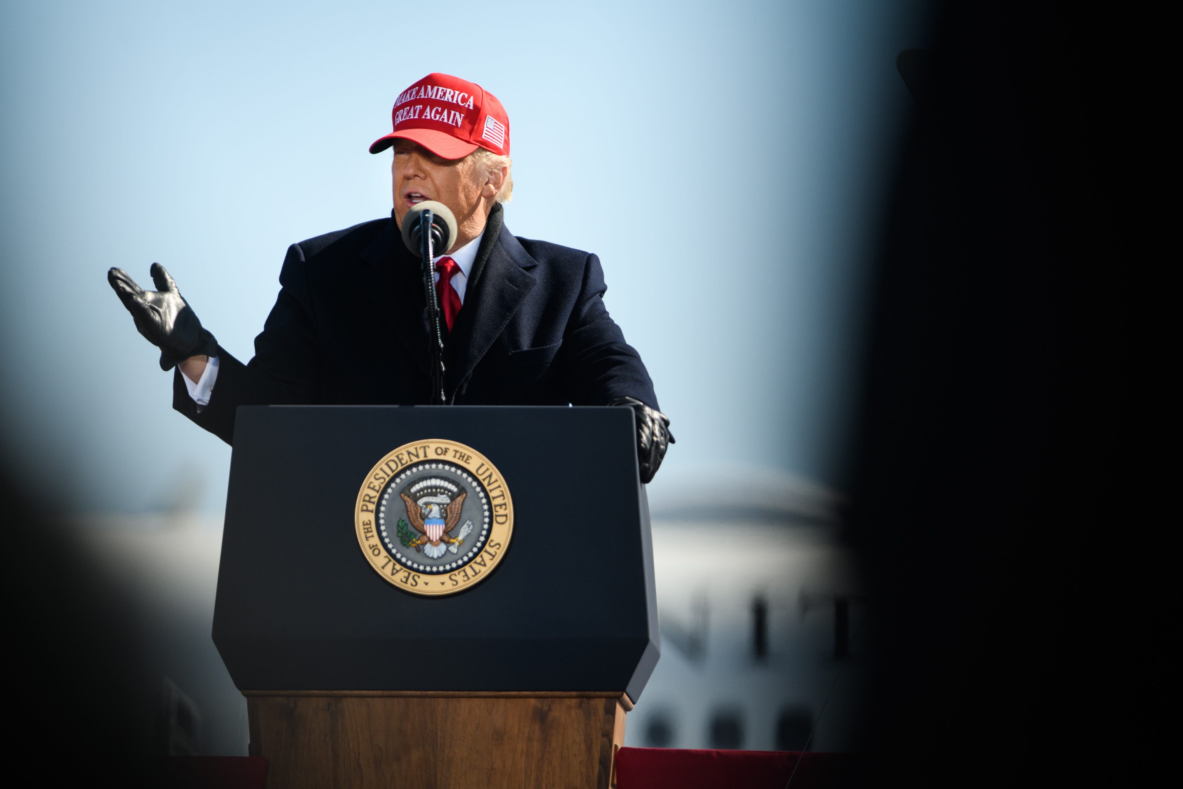 President Donald Trump gives a speech. Image by Stratos Brilakis / Shutterstock. United States, 2020.
