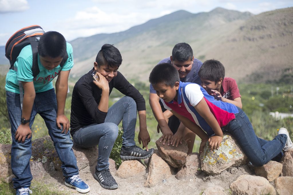 A group of boys, mostly relatives of the Contreras' family, play and watch a small snake swim in a pond on a mountain overlooking their village in Mexico. Image by Ingrid Holmquist. Mexico, 2018.