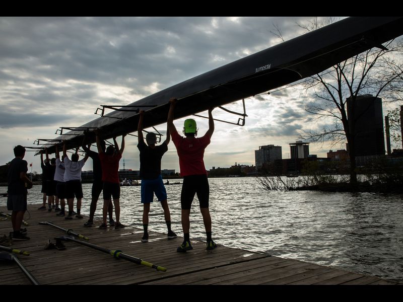 High school students practice rowing on the Maumee River at the Toledo Rowing Club in downtown Toledo, Ohio on Sept. 24, 2019. Image by Zbigniew Bzdak / Chicago Tribune. United States, 2019.