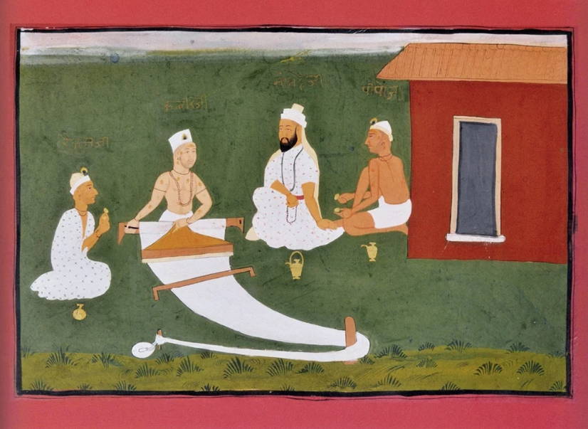 Kabir, second from left, weaves while talking with Namdeva, Raidas and Pipaji. Painting from Jaipur, India, early 19th century. Image courtesy of National Museum New Delhi / Creative Commons.