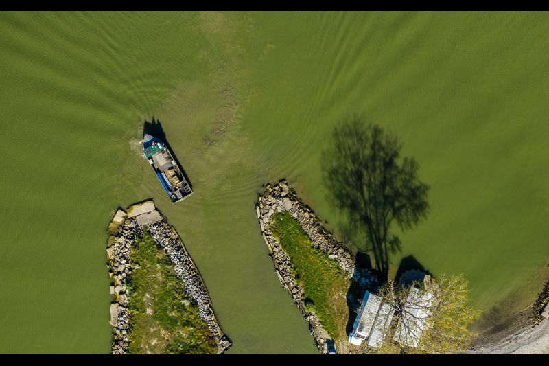A boat of commercial fisherman Drew Koch, returns home on Sandusky Bay, Ohio, after fishing in Lake Erie on Sept. 27, 2019. The warm, shallow waters of Lake Erie act as an incubator for algae and toxin-producing, which gives the lake its trademark green tinge. Image by Zbigniew Bzdak. United States, 2019.