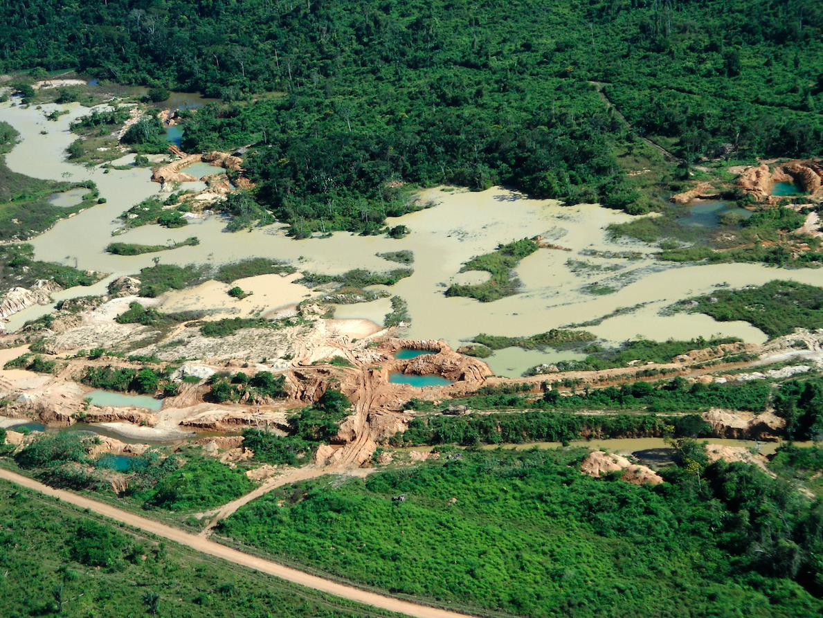 Aerial view of gold mining area in Amazon forest region in Pará. Image by Tarcisio Schnaider/Shutterstock. Brazil, date unknown.