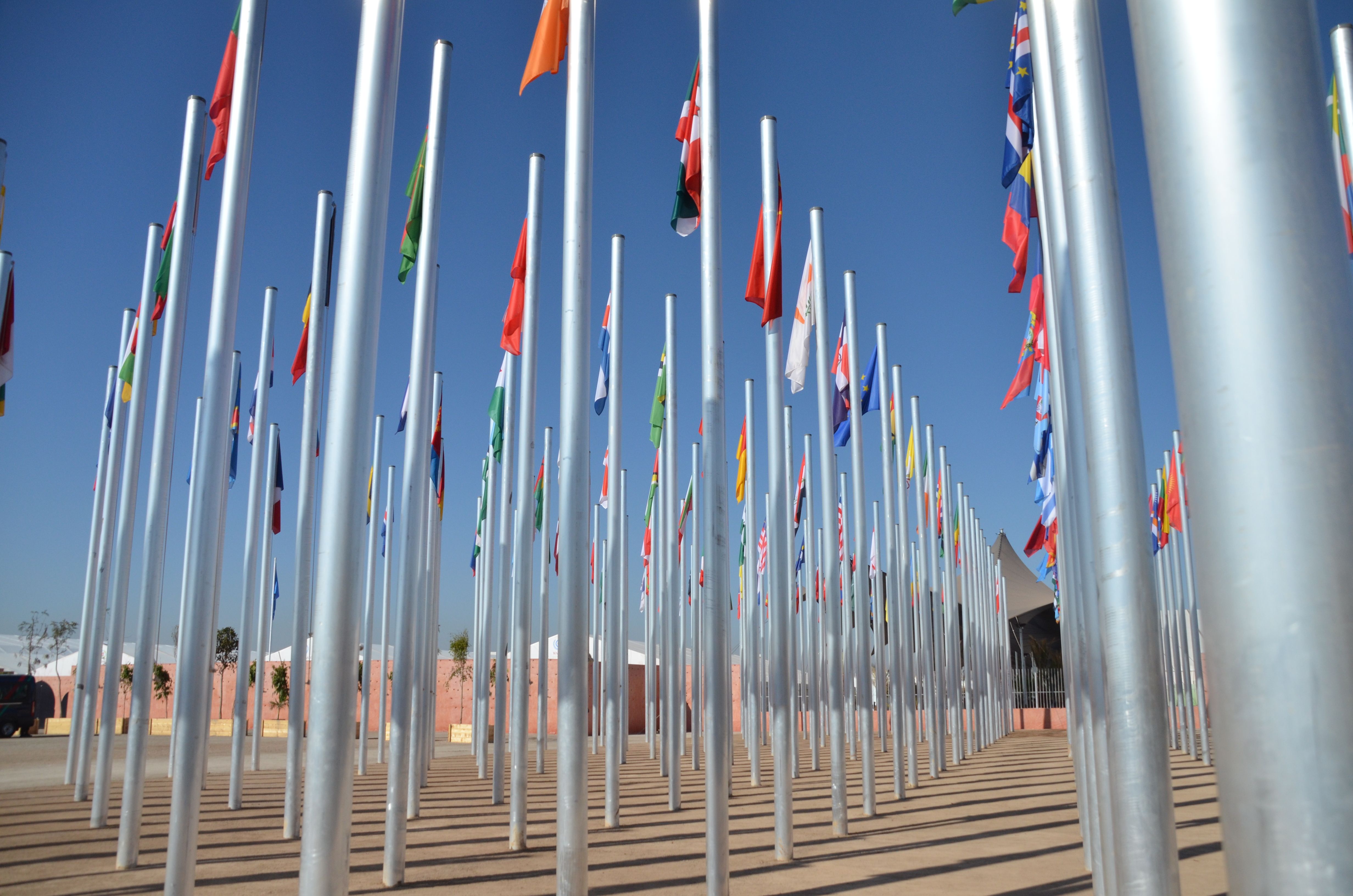 The flags of many nations fly at the COP22 climate conference in Marrakesh. The nearly 200 nations committed to the Paris Climate Agreement were stunned this week when President elect Trump announced his plans to rush to withdraw from the accord. Image by Justin Catanoso. Morocco, 2016. 
