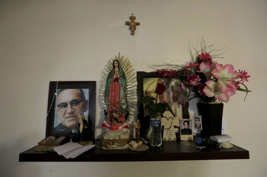 In this Sept. 18, 2019 photo, religious images decorate the kitchen at a migrant shelter in Monterrey, Mexico. Migrants waiting at the U.S.-Mexican border, in the Mexican state of Tamaulipas, recount harrowing stories of robbery, extortion by criminals and crooked officials, and kidnappings by competing cartels. Image by Fernando Llano. Mexico, 2019.