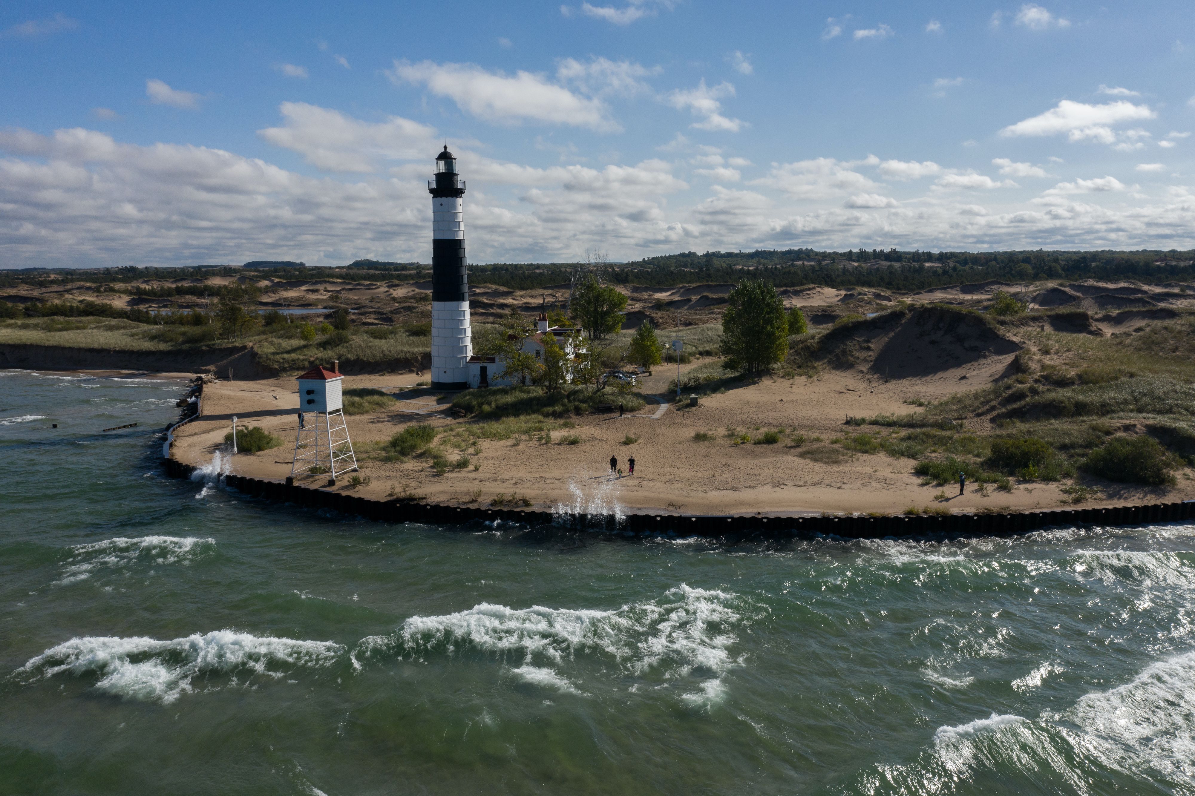 A new seawall protects the Big Sable Point Lighthouse at Ludington State Park in Ludington, Michigan, on Sept. 30, 2020. Image by Zbigniew Bzdak/Chicago Tribune. United States, 2020.