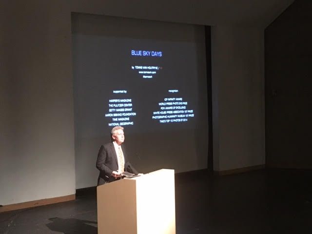 Jon Sawyer speaking on the launch of NewsArts in the auditorium at Southeastern Center for Contemporary Art (SECCA). Image by Fareed Mostoufi. United States, 2016.