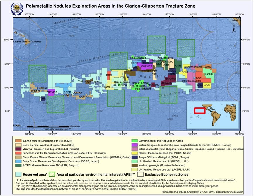 The International Seabed Authority has divided up the seabed of the Clarion Clipperton Zone into 15 different claim zones. Image courtesy International Seabed Authority.