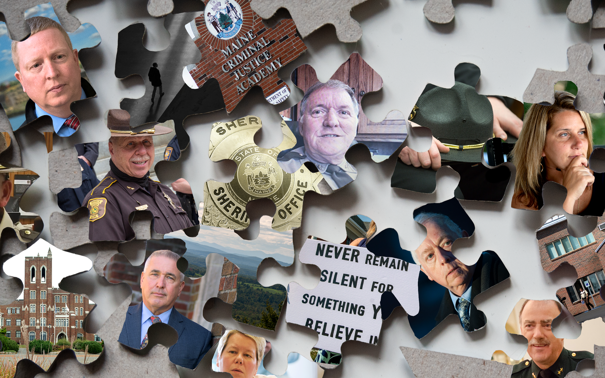 The pieces of the puzzle that made up the BDN's investigative series on Maine sheriffs. Illustration by Natalie Williams/BDN.