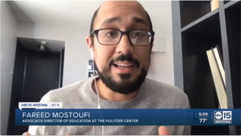 Pulitzer Center Associate Director of Education Fareed Mostoufi in an interview with ABC15 Arizona. Image courtesy of ABC15. United States, 2020.