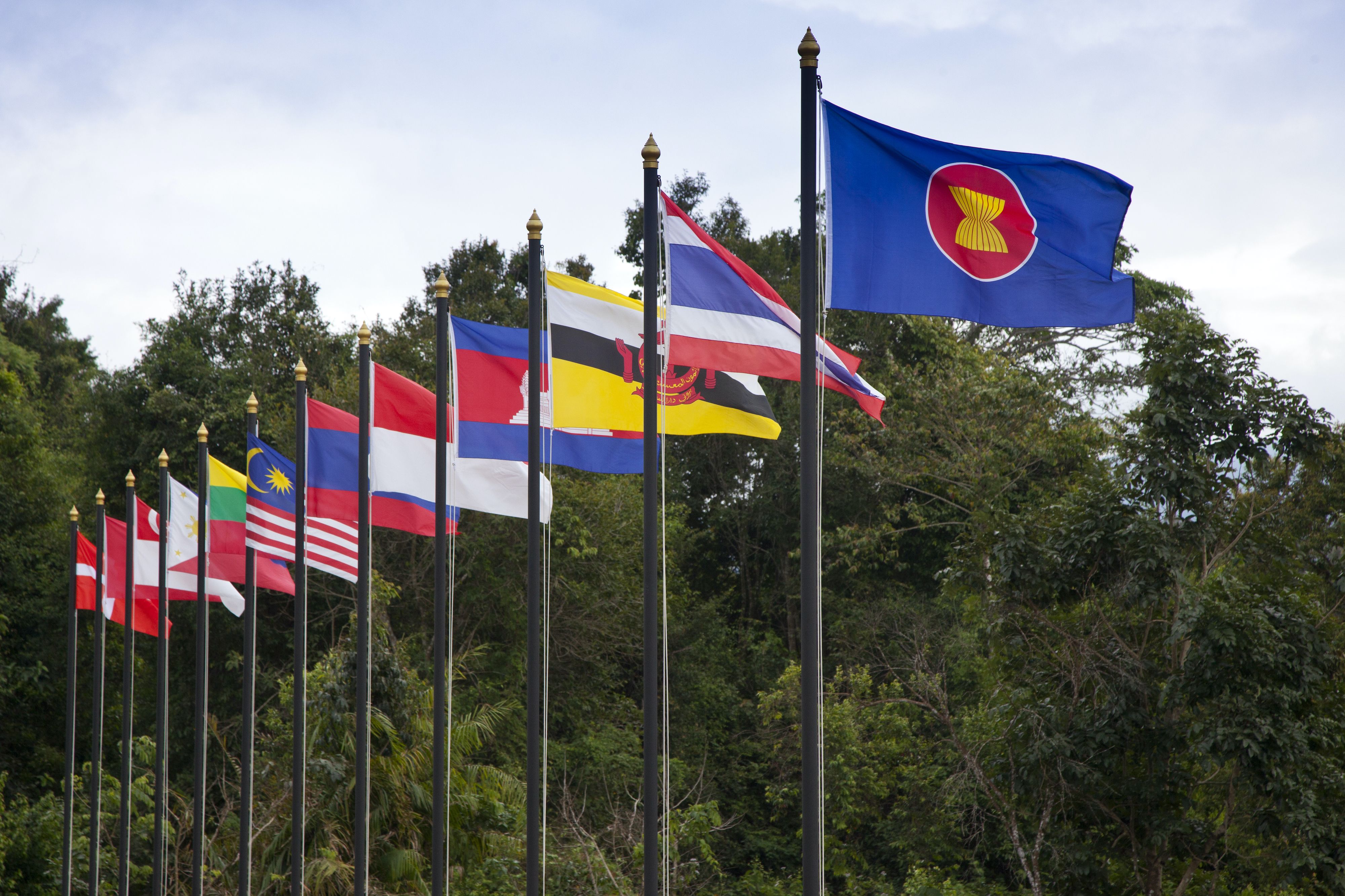 Flags of ASEAN countries. Image by Tawin Mukdharakosa / Shutterstock. Undated.