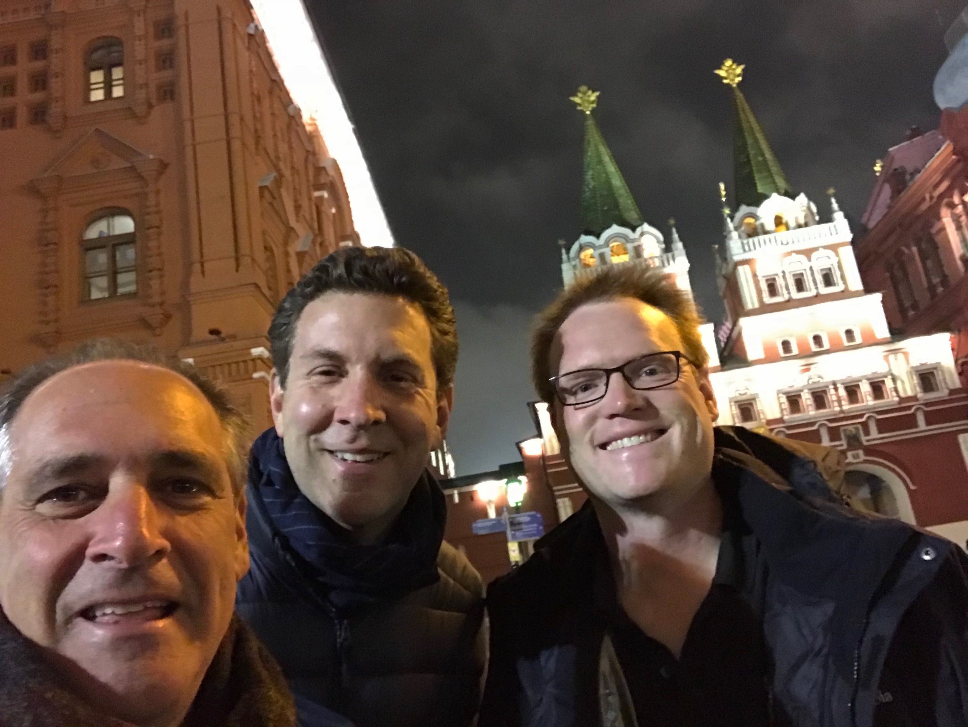 A selfie shot of Jason Kane (right), William Brangham (middle) and Jon Cohen (left) in Red Square. Image by Jon Cohen. Russia, 2017.
