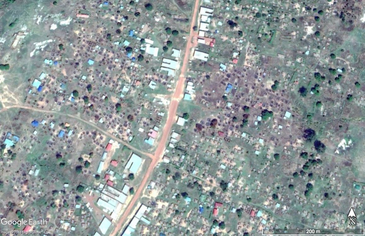 Satellite image of Kaya in January, 2019, showing evidence of damaged properties. Image courtesy of Google Earth.