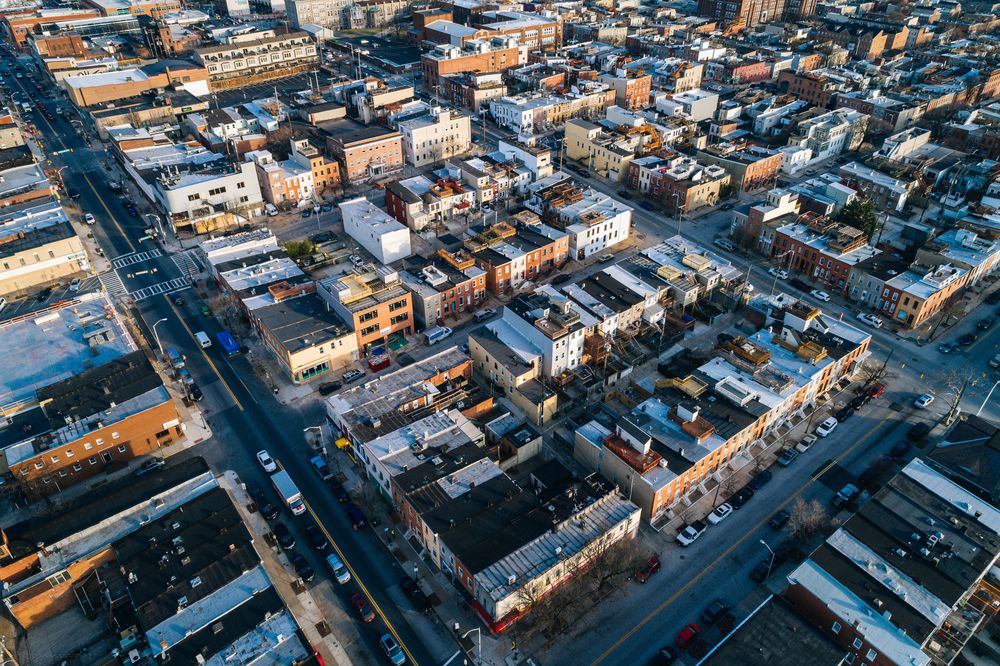 Aerial view of Highlandtown in Baltimore, Maryland. Image by Jon Bilous / Shutterstock. United States, undated.
