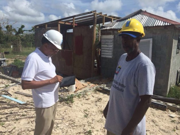 Workers gather data using the Microsoft Building Damage Assessment app in Barbuda. The island was home to 1,600 people, all of whom were evacuated after Hurricane Irma. Image courtesy United Nations Development Program.