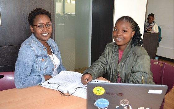 Marie Githinji, Director and Co-Founder at Akirachix, and Marline Khavene, an Akirachix student in Nairobi, Kenya. Image by Janelle Richards. Kenya, 2017.
