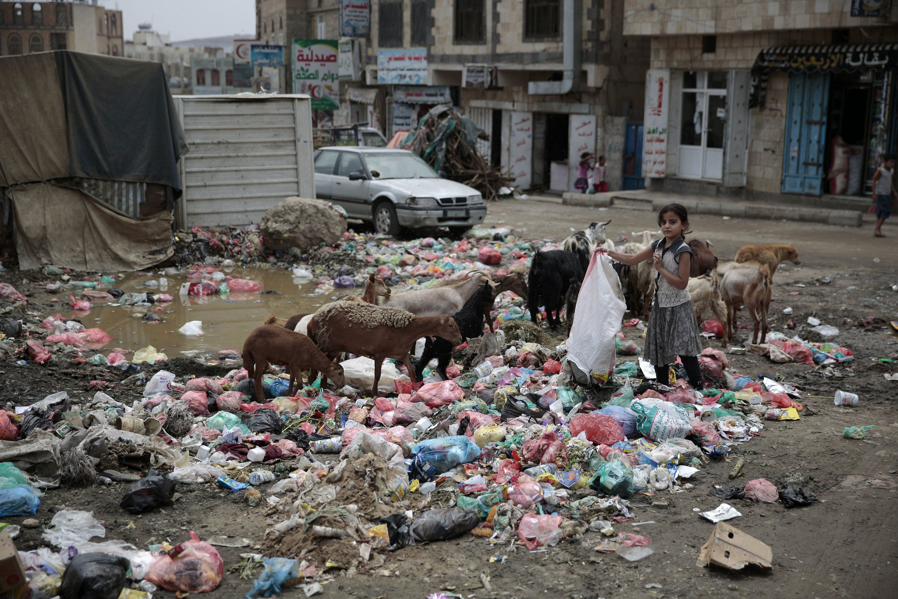 In this July 26, 2017 file, a girl scavenges for recyclable items at a garbage dump in a street in Sanaa, Yemen. An Associated Press investigation finds that Yemen’s massive cholera epidemic was aggravated by corruption and official intransigence. The investigation has found that both the Iranian-backed Houthis rebels and their main adversary in the war—the U.S—and Saudi-backed government that controls southern Yemen—impeded efforts by relief groups to stem the epidemic. Image by Hani Mohammed/AP. Yemen, 2017.