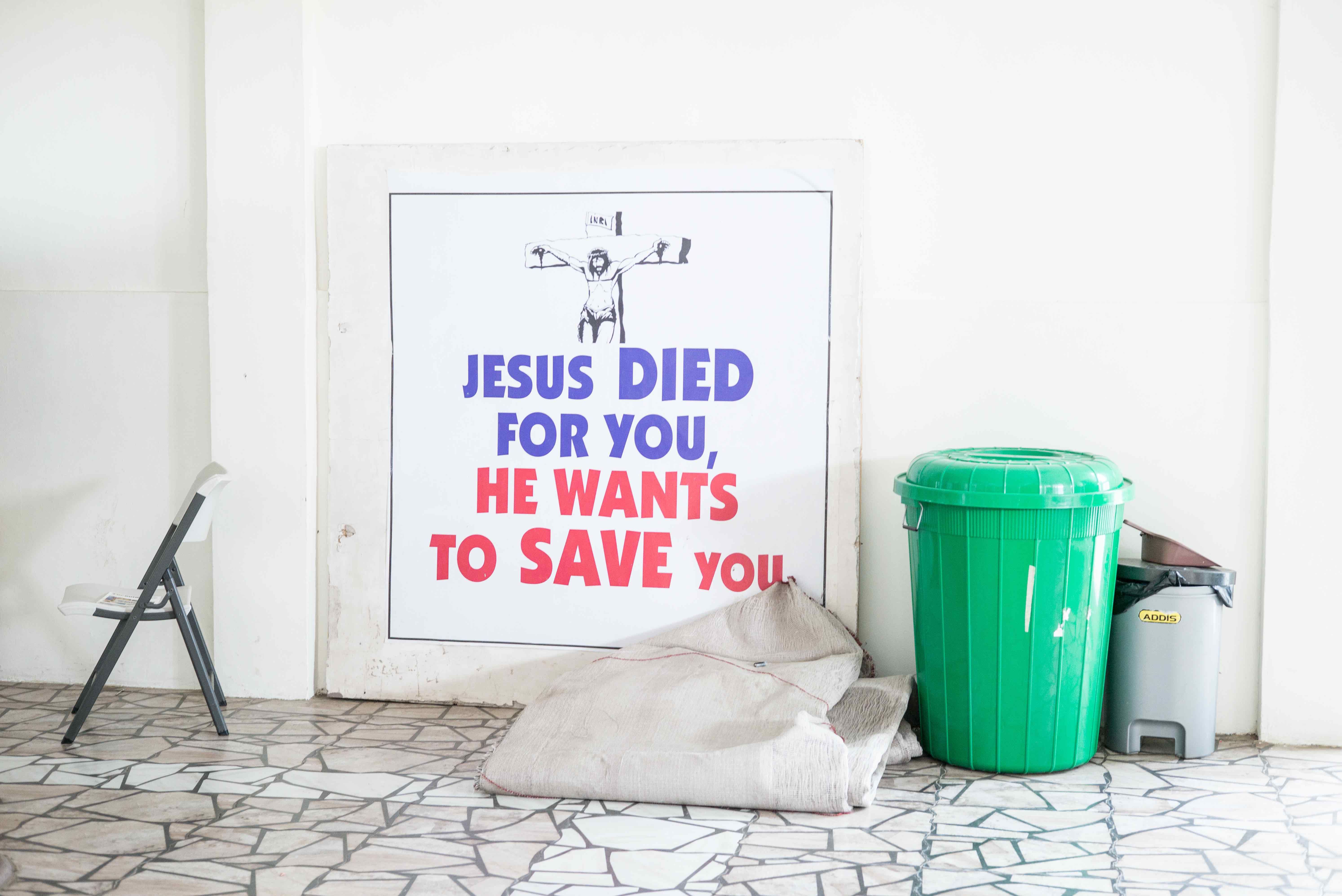 A sign in the Streams of Power Church hall. Image by Tomaso Clavarino. Ghana, 2018.
