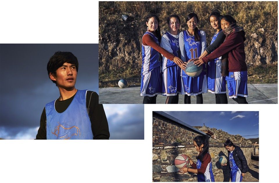 Left: Jamphel Dorjee, the most improved player on the men’s team. Above right: Players from the Norlha women’s team, including Lhamo Tso (far left), the team’s best all-around player, and Jamyang Dolma (second from right), the team’s best shooter and Jamphel Dorjee’s wife. Images by An Rong Xu. Tibet, 2018.