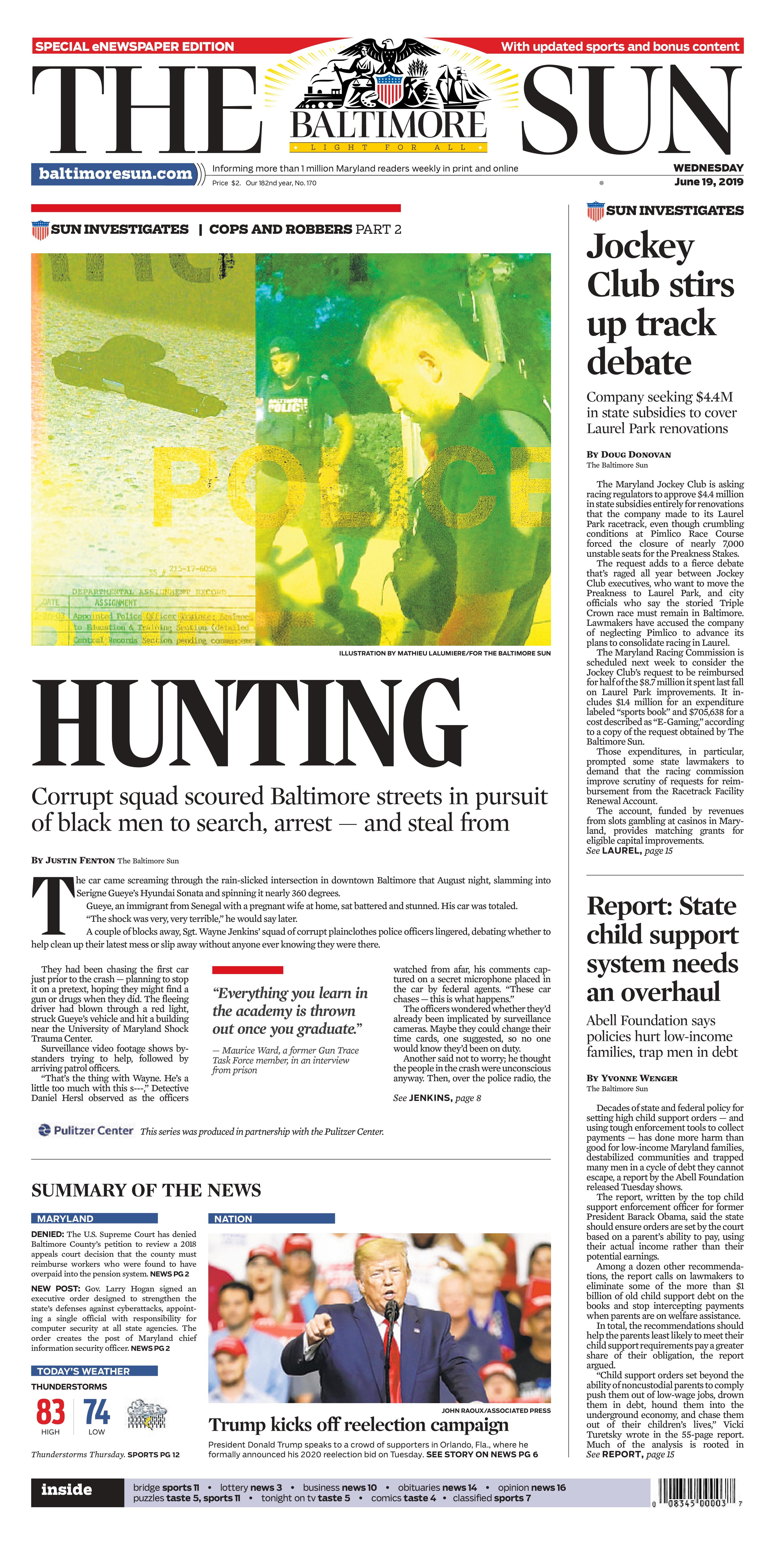 "Cops and Robbers" was featured on the front page of The Baltimore Sun. Image courtesy of the Baltimore Sun. United States, 2019. 