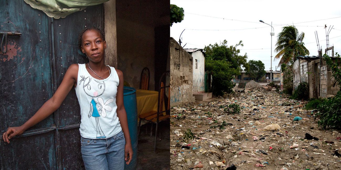 Project Drouillard resident Widline Charles, 21, fled her home during floods over Easter weekend this year. Months later, her street is still covered in a foot or more of mud, trash and sewage. Image by Marie Arago/NPR. Haiti, 2017.