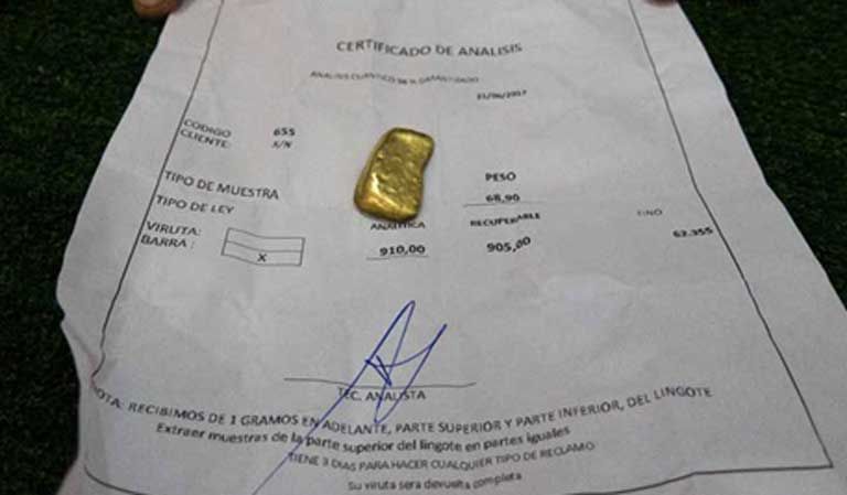 A small lump of processed gold with its certification papers. The trouble with the fabulous claims made for the Arco Minero and its mineral wealth is that those claims have not been certified, so are vastly uncertain and influenced by speculation. The natural wonders and biodiversity found there are, however, a matter of fact. Image by Bram Ebus. Venezuela, 2017.
