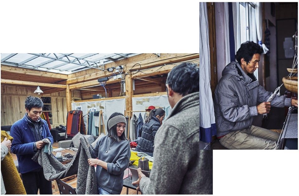 Left: Dechen Yeshi (center), a co-founder of Norlha, inspects a new product in the company's workshop. Images by An Rong Xu. Tibet, 2018.
