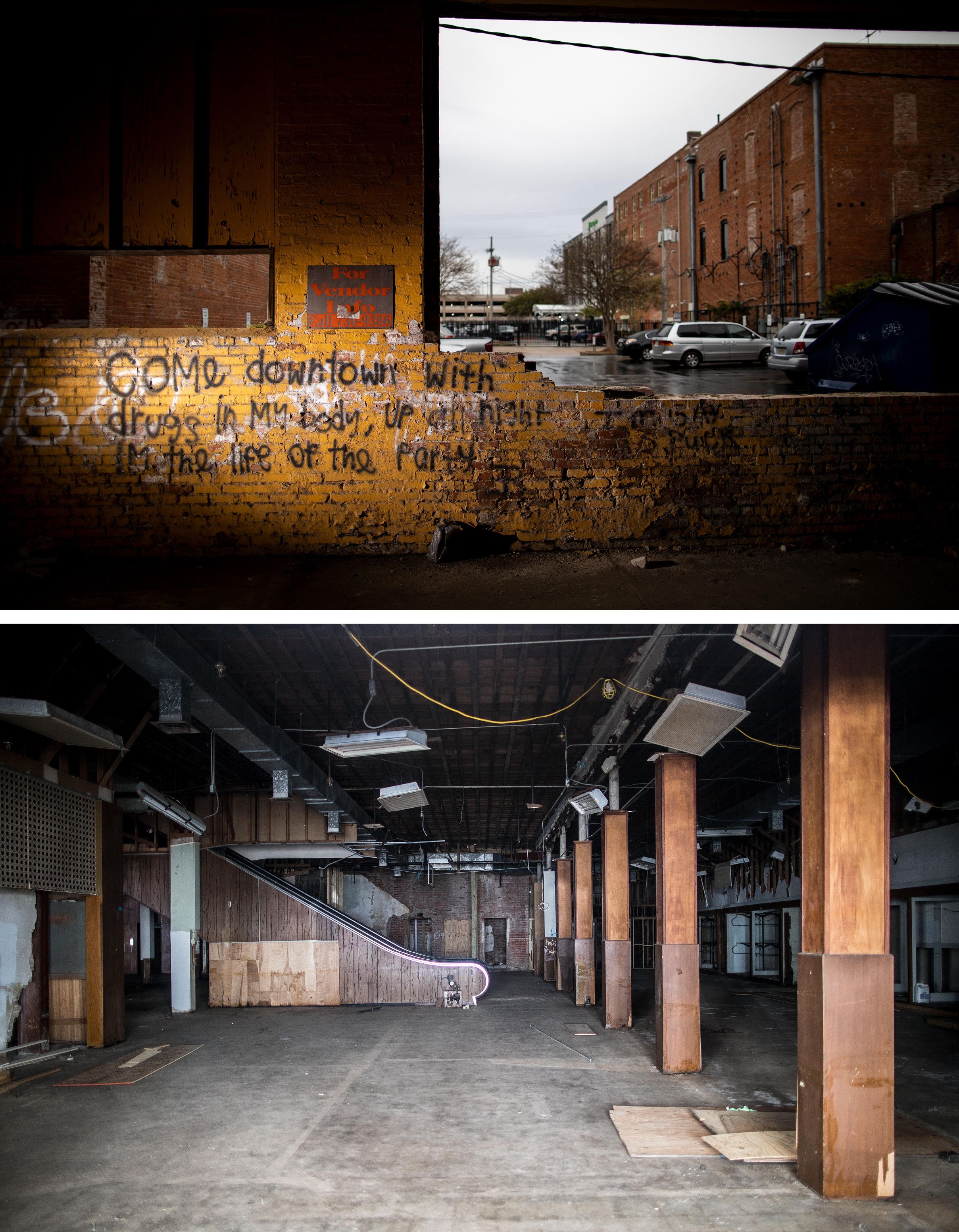 In the parish seat of Alexandria, a grand hotel converted from a 19th-century plantation house competes with abandoned storefronts, like the building above that has become a makeshift canvas for street artists and the old mall below. Image by M. Scott Mahaskey for Politico Magazine. Louisiana, 2019.