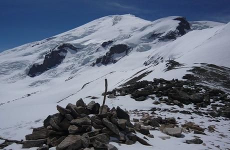 Mount Elbrus, seen from the Balkbashi pass. Image by Tom Parfitt. Russia, June 2008.