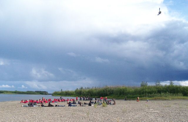 John Quigley got the last of the volunteers in place at the Gwich'in demonstration before the chopper arrived to photograph the human artwork.