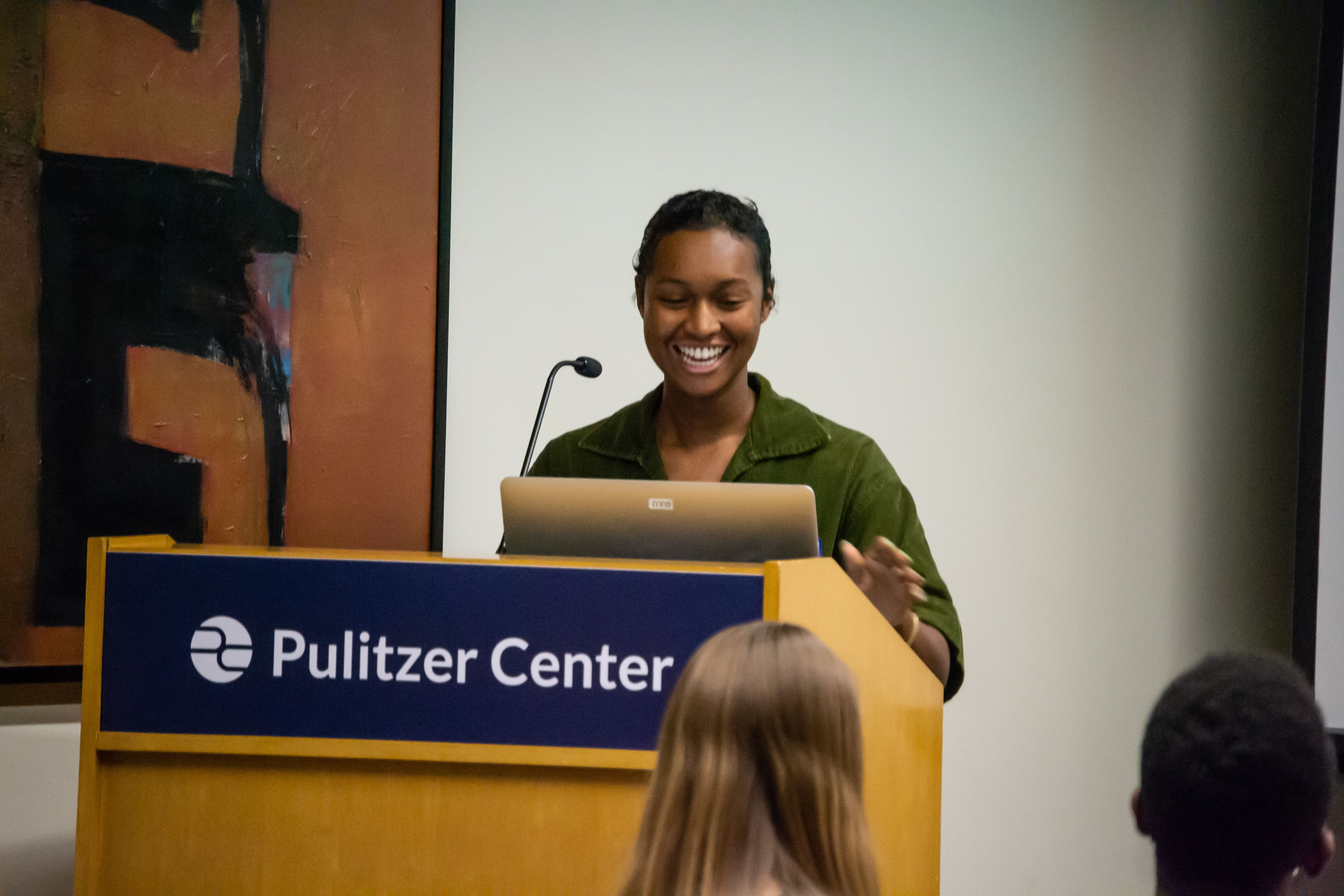Autumn Harris (Spelman College) speaks on her project, "Ecuador: For Some, Dribbling Is the Only Way to Score" during the "Cultural Identity" panel on Day One of Washington Weekend. Image by Nora Moraga-Lewy. United States, 2019.