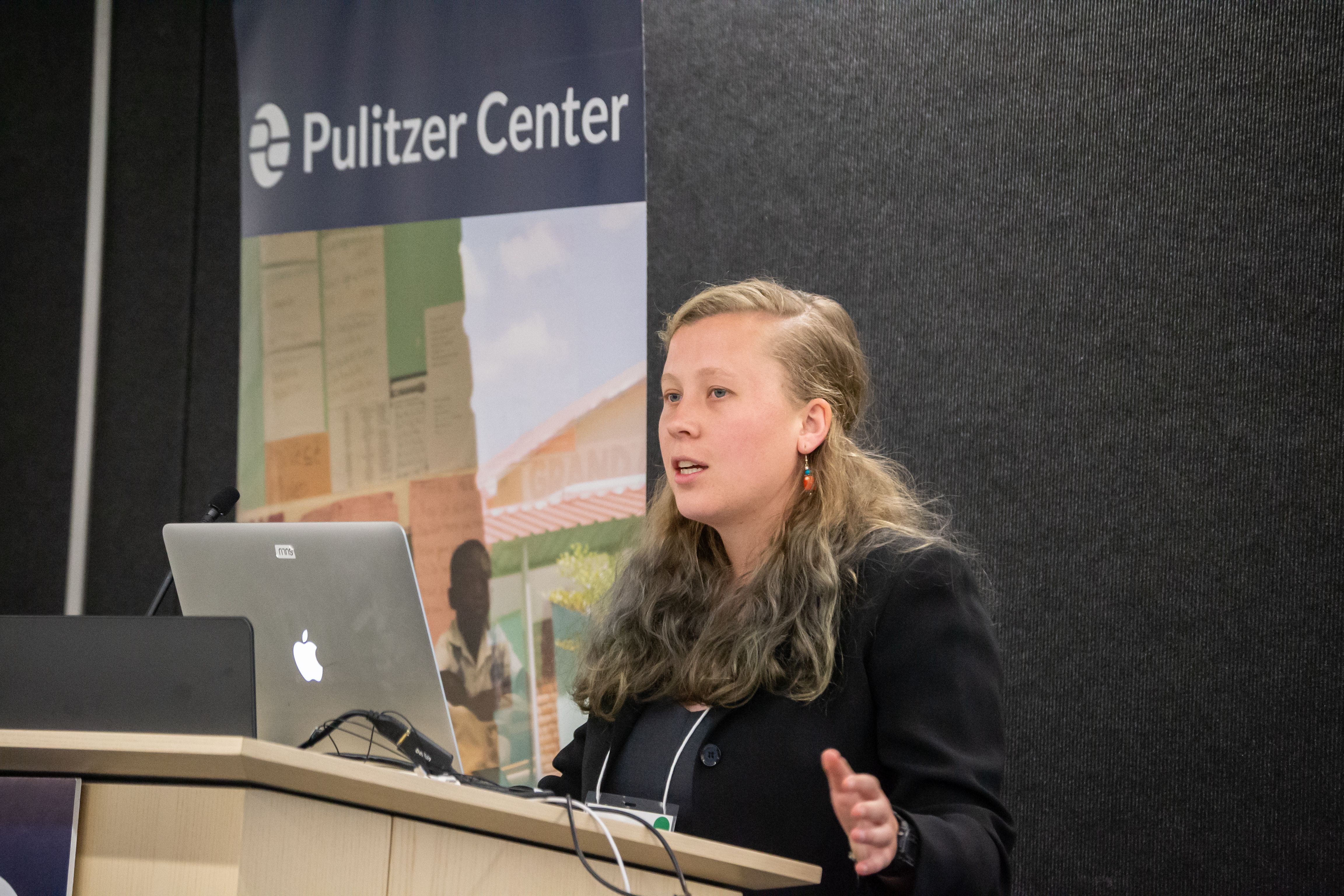 Emma Johnson from Yale University School of Forestry & Environmental Studies presents her findings on hydropower plants in Bhutan. Image by Nora Moraga-Lewy. United States, 2019.
