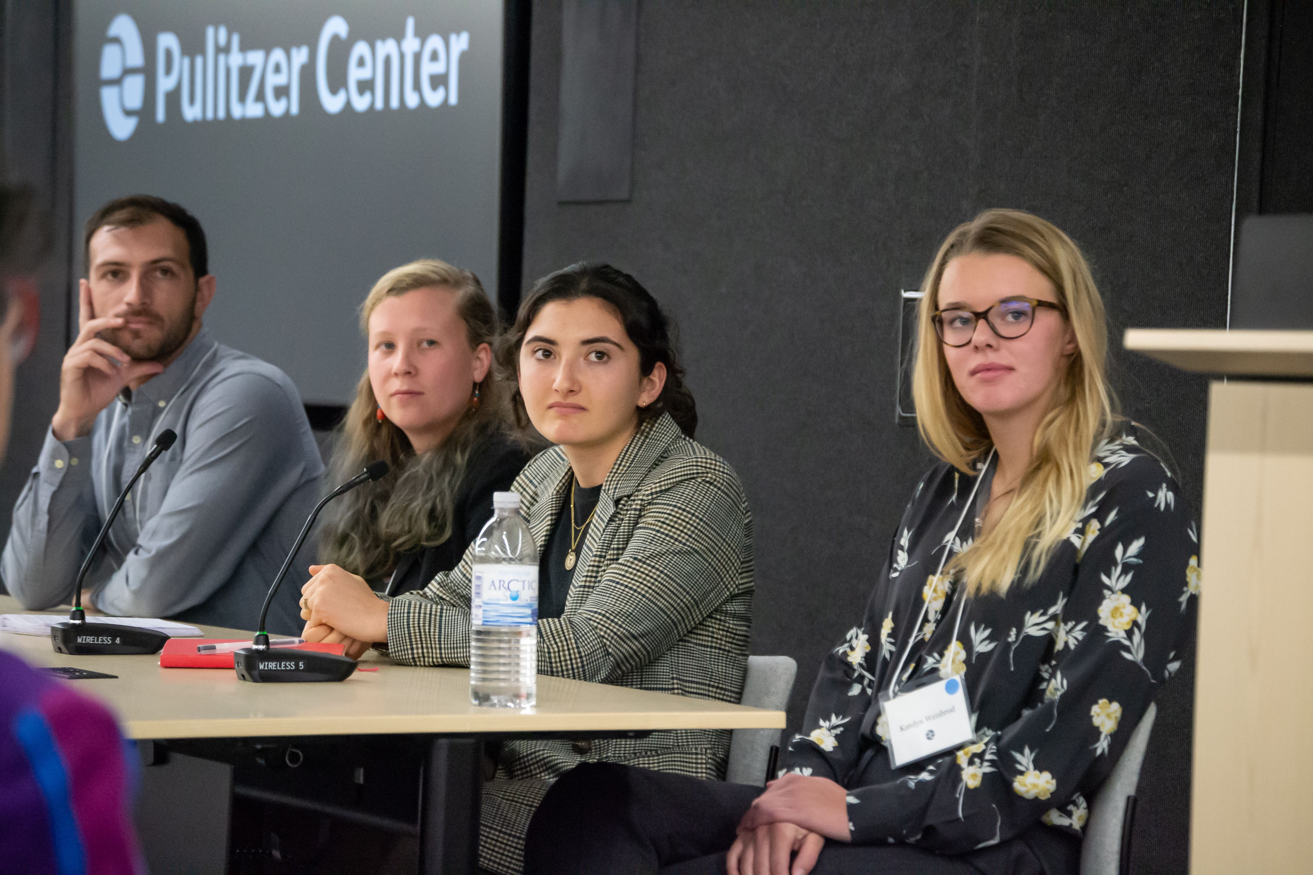 Panelists Daniel Merino from Boston University College of Communication, Emma Johnson from Yale University School of Forestry & Environmental Studies, Audrey Fromson from the University of Chicago, and Katelyn Weisbrod from the University of Iowa listen to a question from the audience. Image by Nora Moraga-Lewy. United States, 2019.
