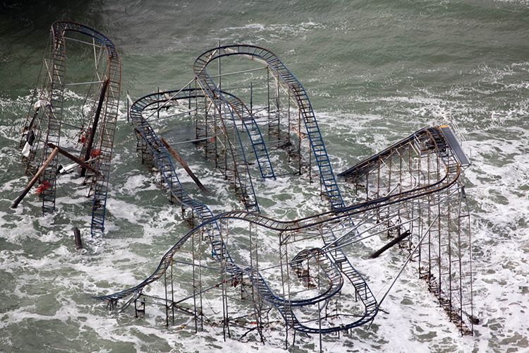 Hurricane Sandy swept away the Seaside Heights, N.J. roller coaster in 2012. Image by Alex MacLean. United States, 2019.