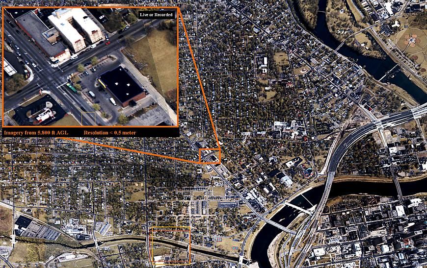 An aerial surveillance image (not captured in Baltimore), and a zoomed in area of that image used for crime analysis and tracking. Image courtesy of the NYU Policing Project. United States, undated.
