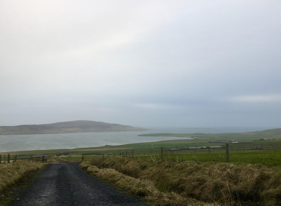 A view of some farms and the island's coast from Burgar Hill, at the northern tip of the Orkney mainland. Burgar Hill was where research into wind energy was conducted in the 1980s, and is now home to a wind farm with six turbines. Image by Maggie More. United Kingdom, 2020.