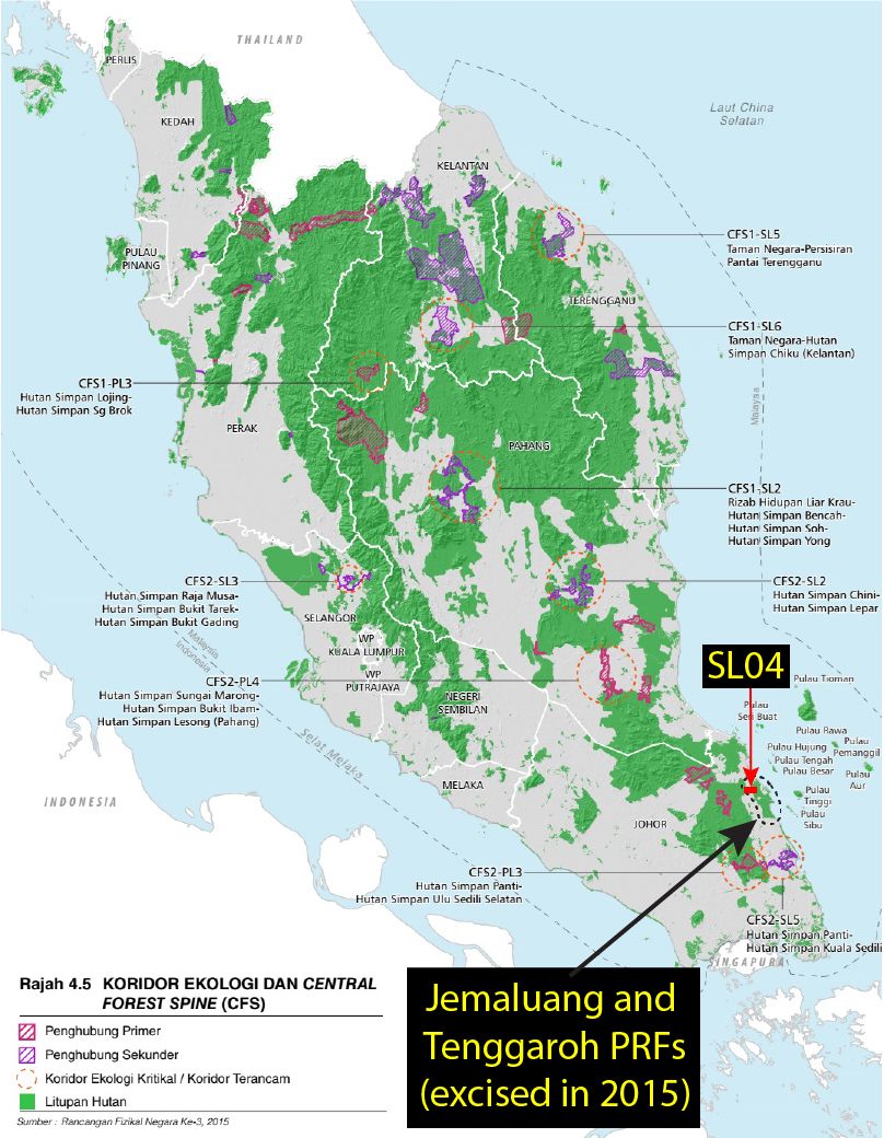 Map 1: Central Forest Spine, a network of forests and proposed ecological linkages. Text in black boxes were added by Macaranga. (National Physical Plan 3). Map courtesy of Macarenga. 