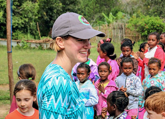 PIVOT co-founder Robin Herrnstein visits with Malagasy children. Image courtesy of PIVOT. Madagascar, 2019.
