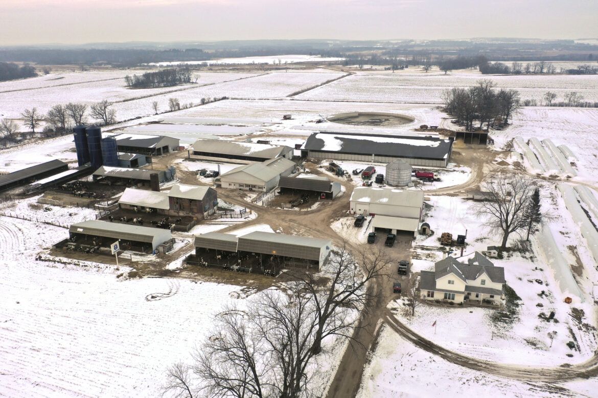 Darian Acres dairy farm in Rio., Wis. is seen on Dec. 20, 2020. The farm belongs to the Fischer family. Image by Coburn Dukehart / Wisconsin Watch. United States, 2020.