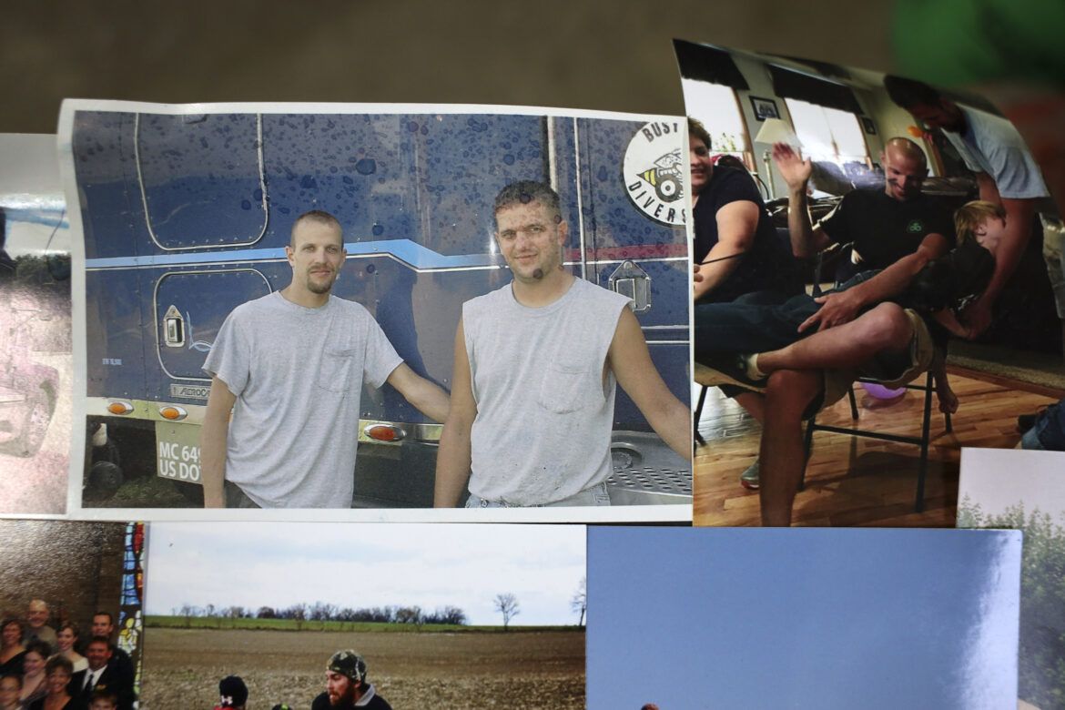 Brian Fischer, left, is seen with his twin brother, Kevin, in family photos that are part of a photo collage, on Dec 20, 2020. Brian died by suicide in 2016. Image by Coburn Dukehart / Wisconsin Watch. United States, 2020.