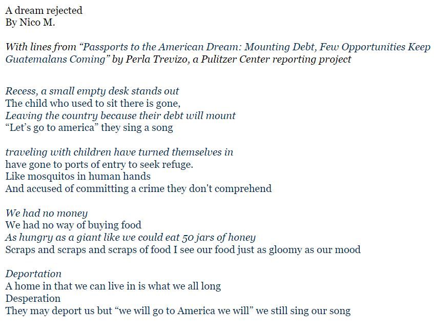 Poem by Nico M., a 6th grade student at DC International School. United States, 2019.