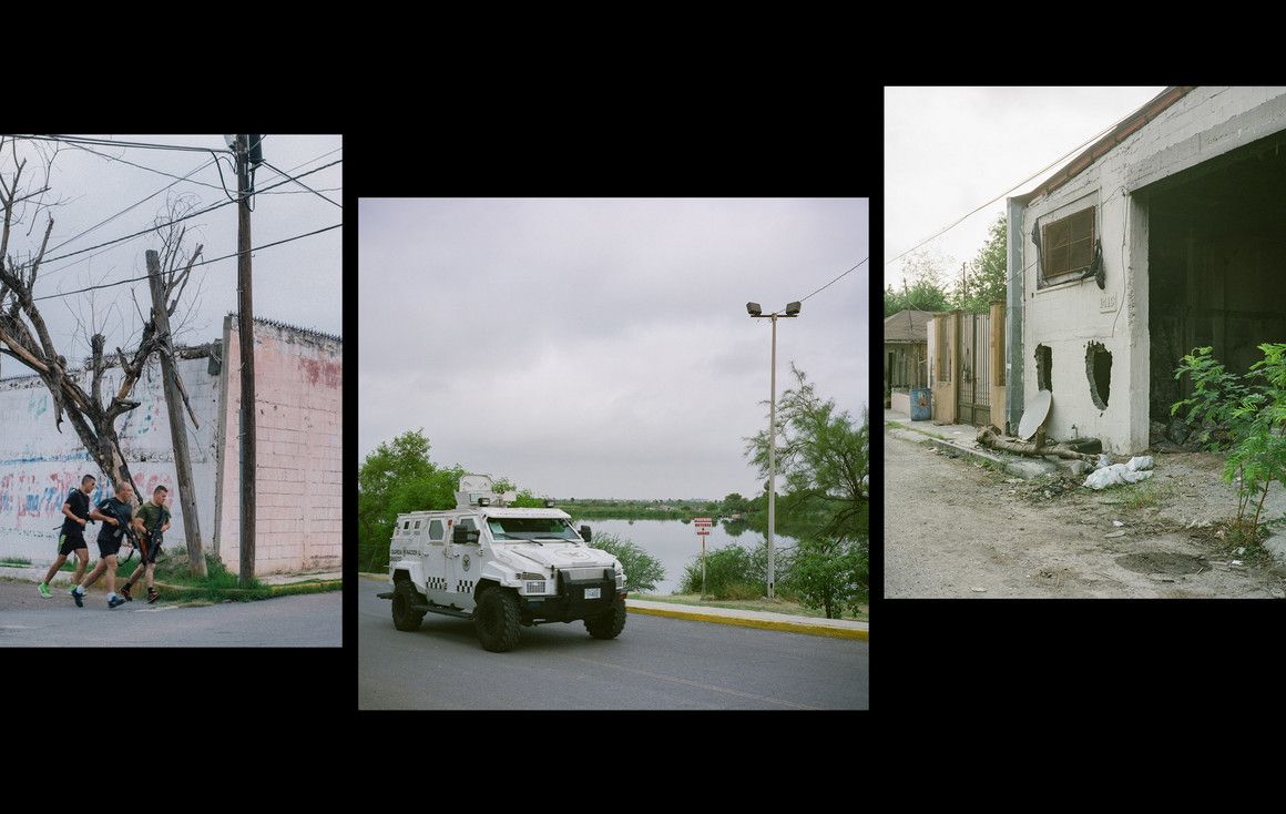 Left: Mexican National Guardsman perform morning exercises in front of a former Mexican Marine base that has since been converted into a Mexican National Guard base near Laguna Laguito. Middle: A Mexican National Guard personnel carrier is seen near Laguna Laguito. Right: A view of a former Mexican Marine base that housed a special forces unit that was accused of committing kidnappings and murders of civilians. Images by by Christopher Lee. Mexico, 2020.