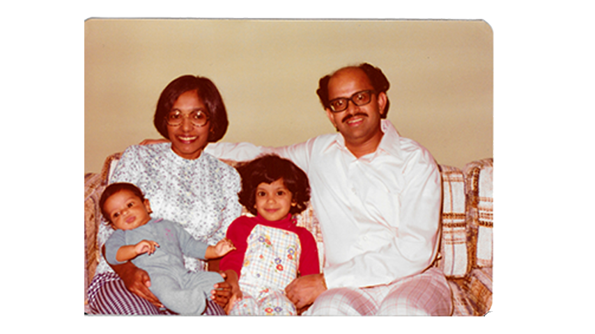 Indira and Bala Pillay at home with their son, Ramesh, and daughter, Kavita. Image courtesy of Kavita Pillay/WBGH News.